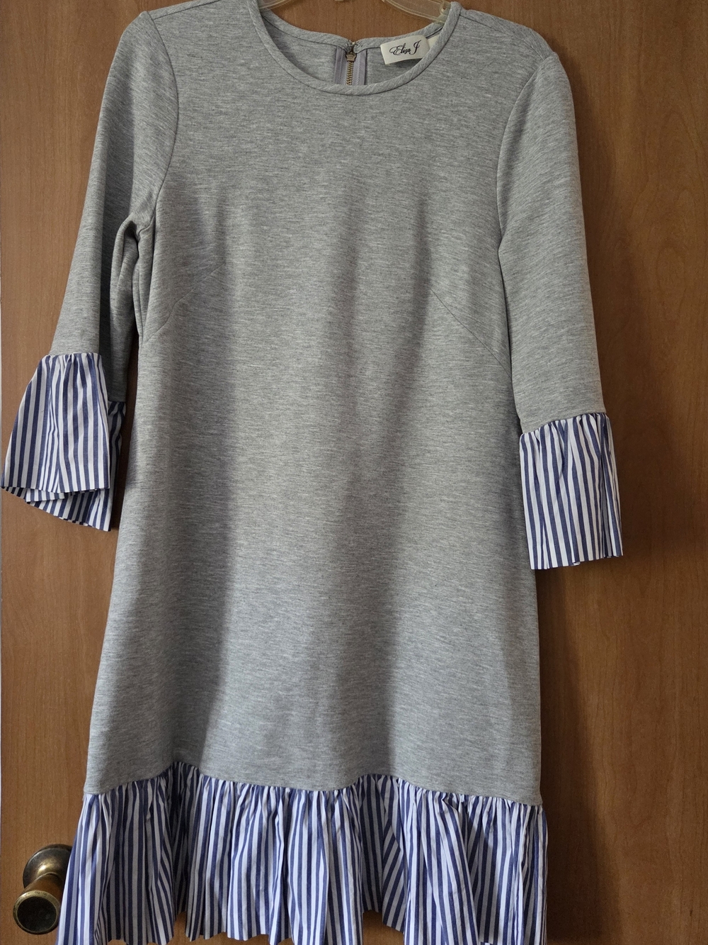 ELIZA J Gray Sweatshirt Dress with Blue-White Striped Ruffle Size 8 Mini